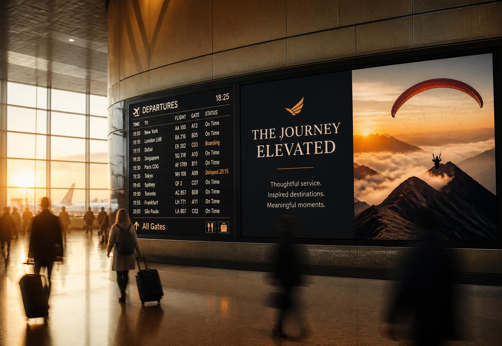 Ornex-driven digital signage wall in a busy international airport terminal showing a live departures board and a branded brand campaign.