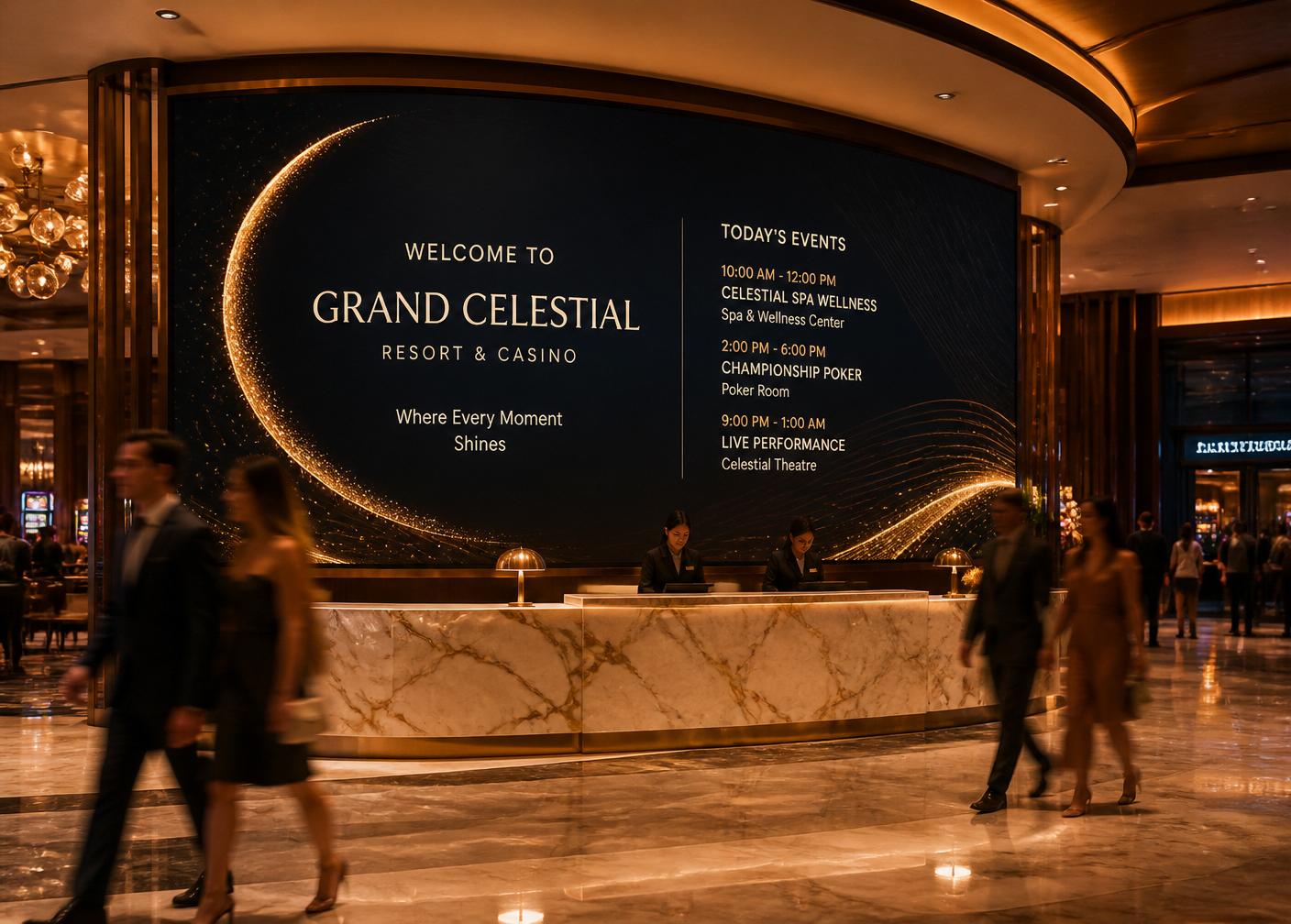 Massive digital signage wall behind the reception in a busy casino and resort lobby, guests in motion.